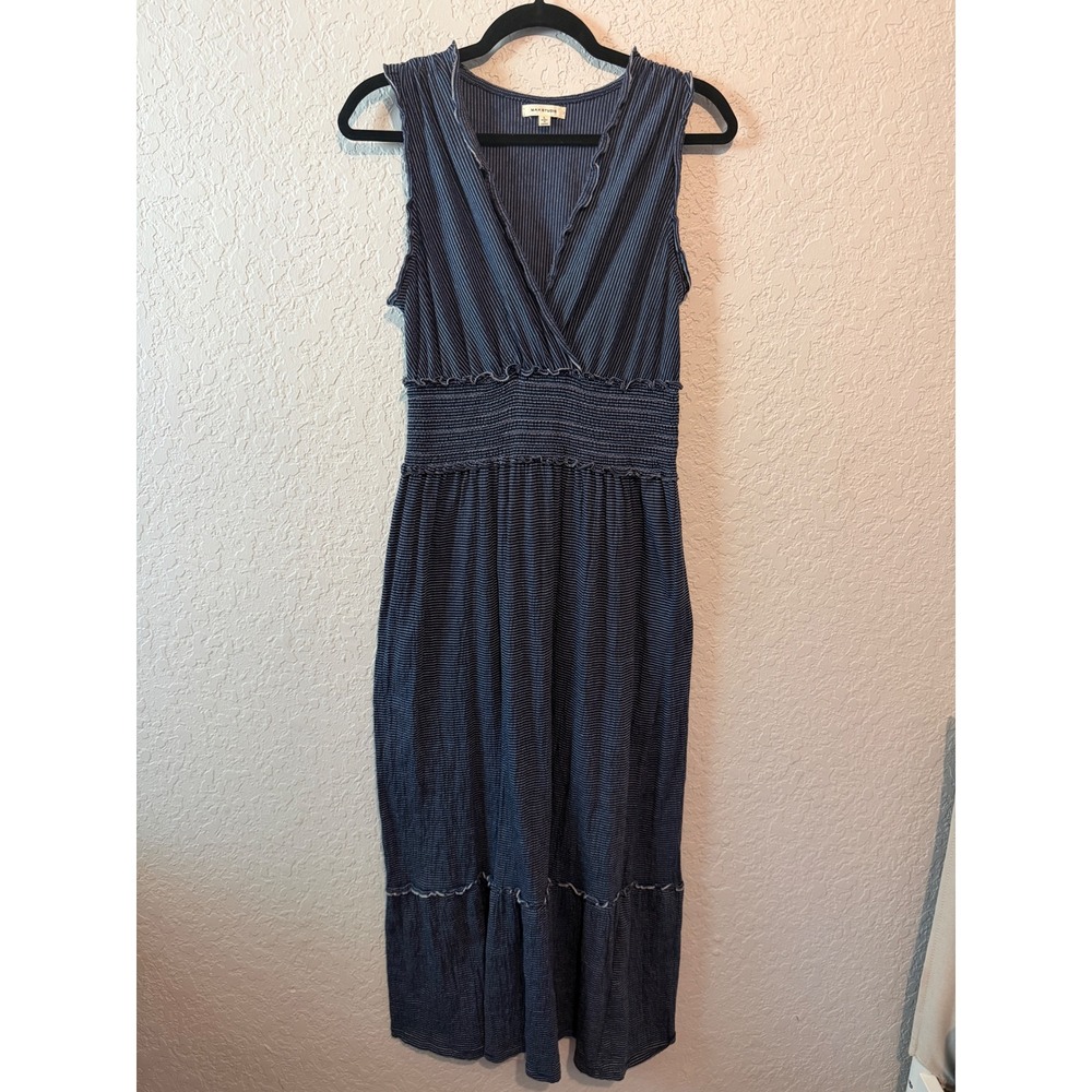 Max Studio Striped Smocked Waist Midi Cotton  Dress Large Coastal Boho 2902F60